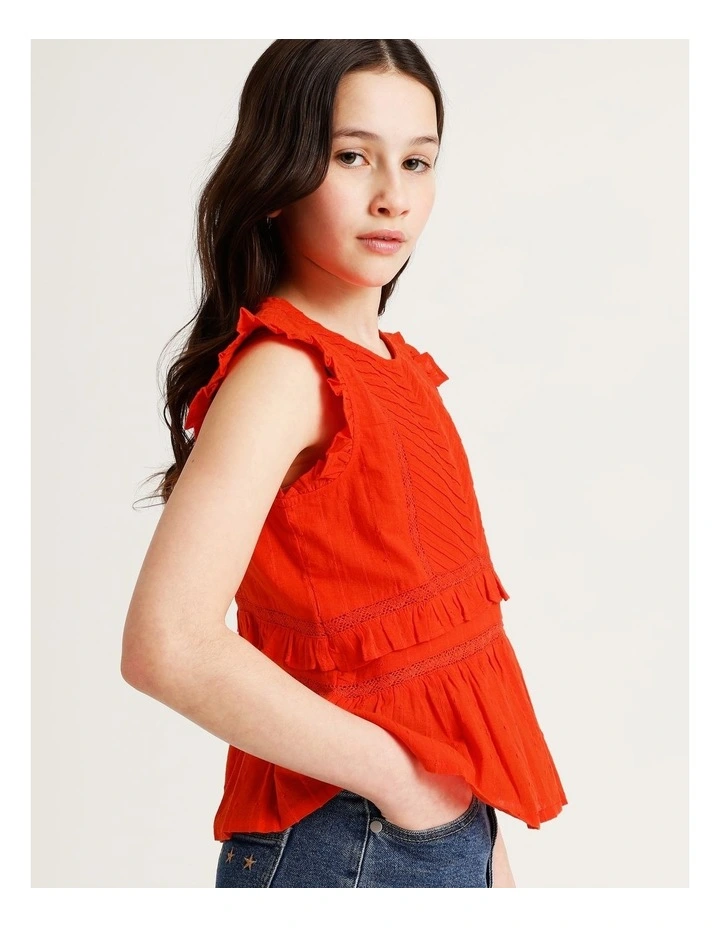 Short Sleeve Dobby Top with Pin Tucks in Red image 4