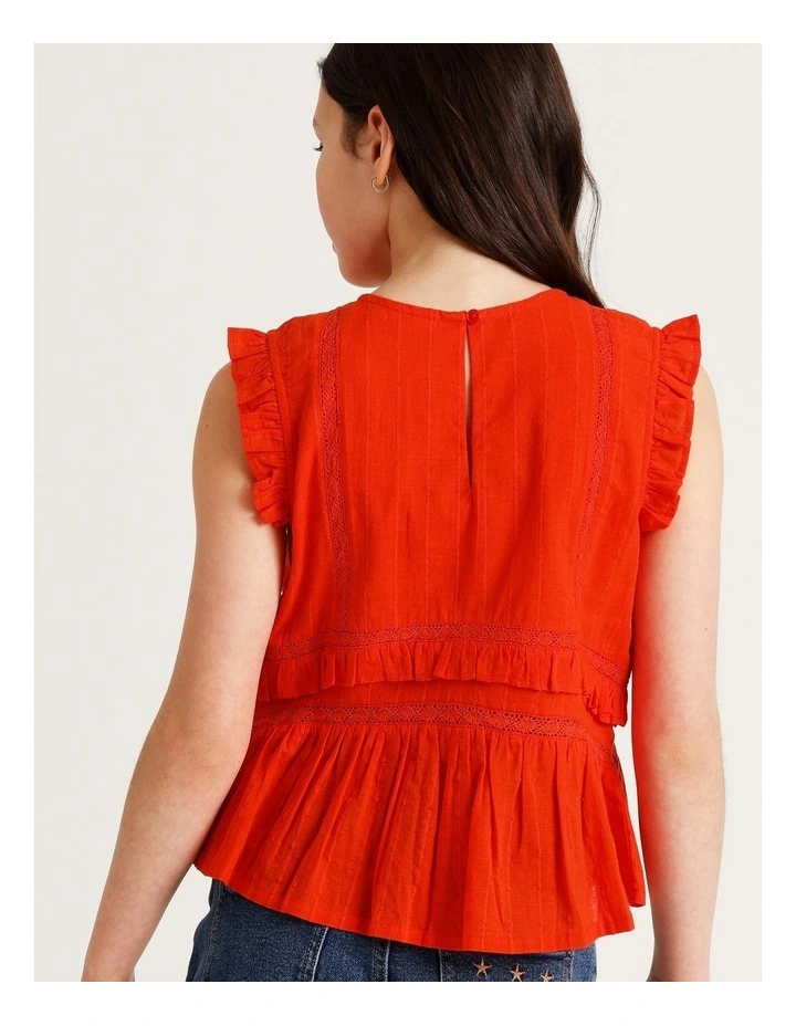 Short Sleeve Dobby Top with Pin Tucks in Red image 5