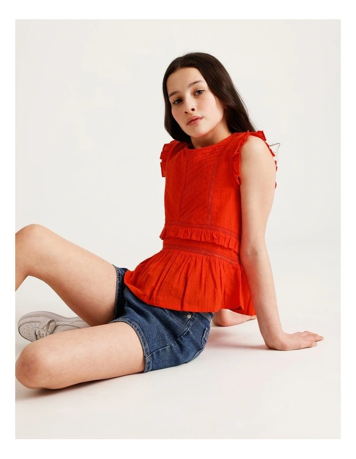 Short Sleeve Dobby Top with Pin Tucks in Red image 6