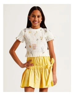 Tilii Short Sleeve Shirred Poplin Top in Ecru