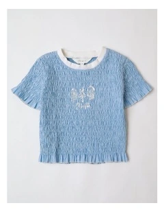 Short Sleeve Shirred Poplin Top in Blue