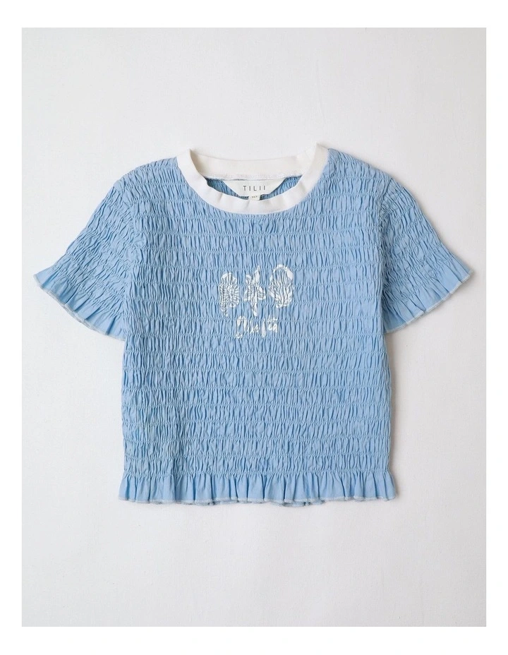 Short Sleeve Shirred Poplin Top in Blue image 1