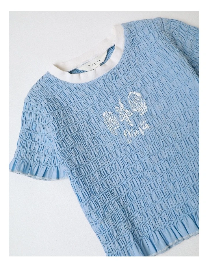 Short Sleeve Shirred Poplin Top in Blue image 2