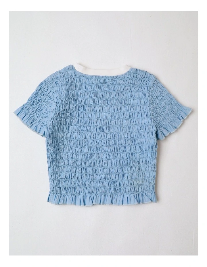 Short Sleeve Shirred Poplin Top in Blue image 3