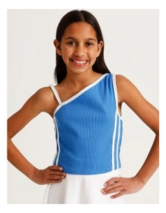 One Shoulder Rib Top with Side Stripe in Blue