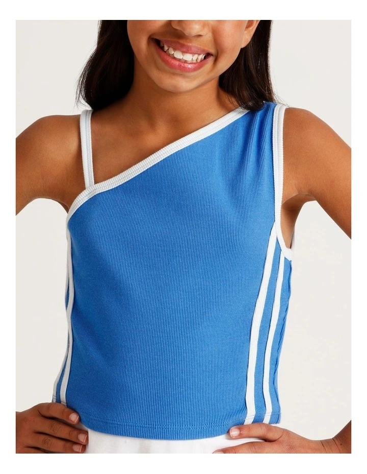 One Shoulder Rib Top with Side Stripe in Blue image 4