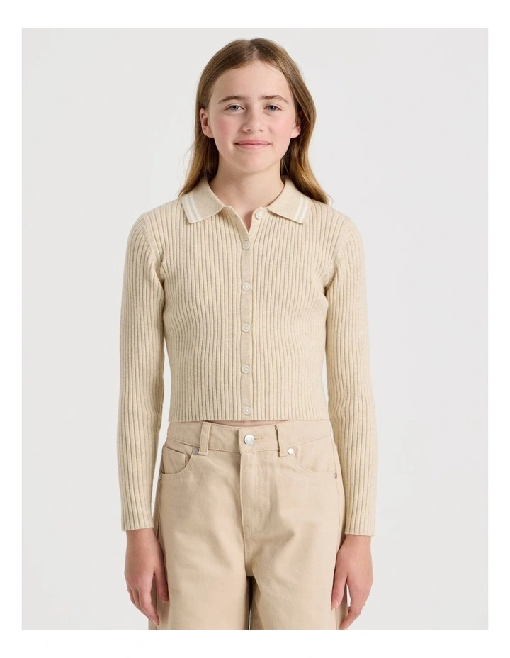 Knitted Button Down Top in Oat Marle image 2