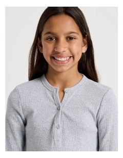 Rib Henley Tee with Thumb Holes in Light Grey