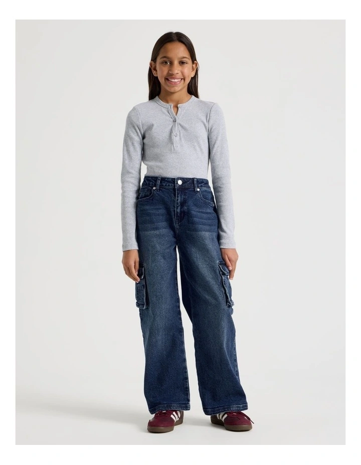 Rib Henley Tee with Thumb Holes in Light Grey image 2