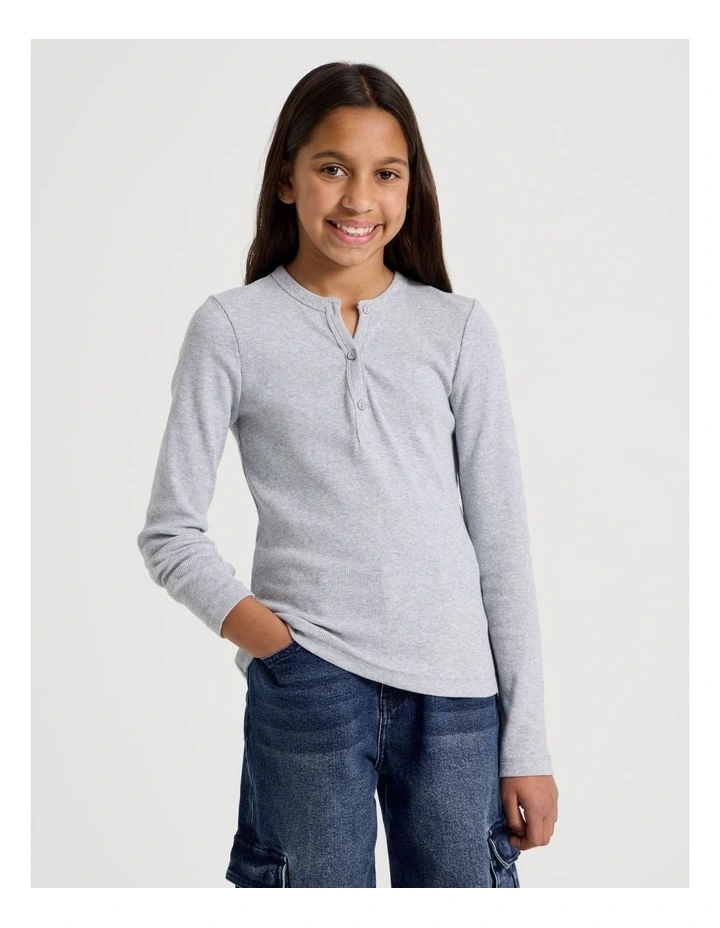 Rib Henley Tee with Thumb Holes in Light Grey image 3