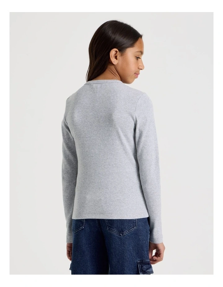 Rib Henley Tee with Thumb Holes in Light Grey image 4