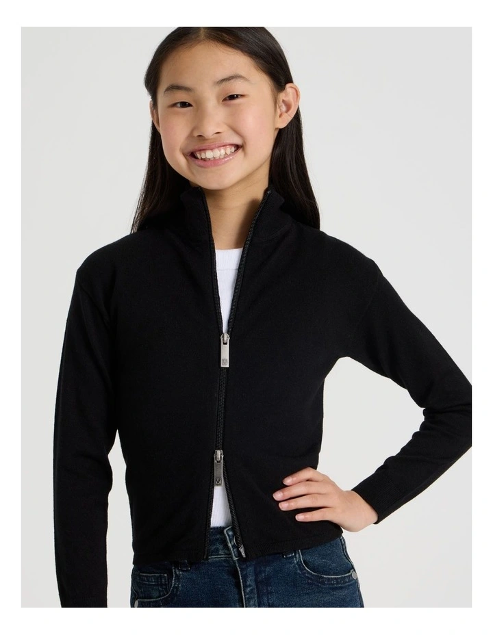 Knitted Zip Thru Cardigan in Black image 2