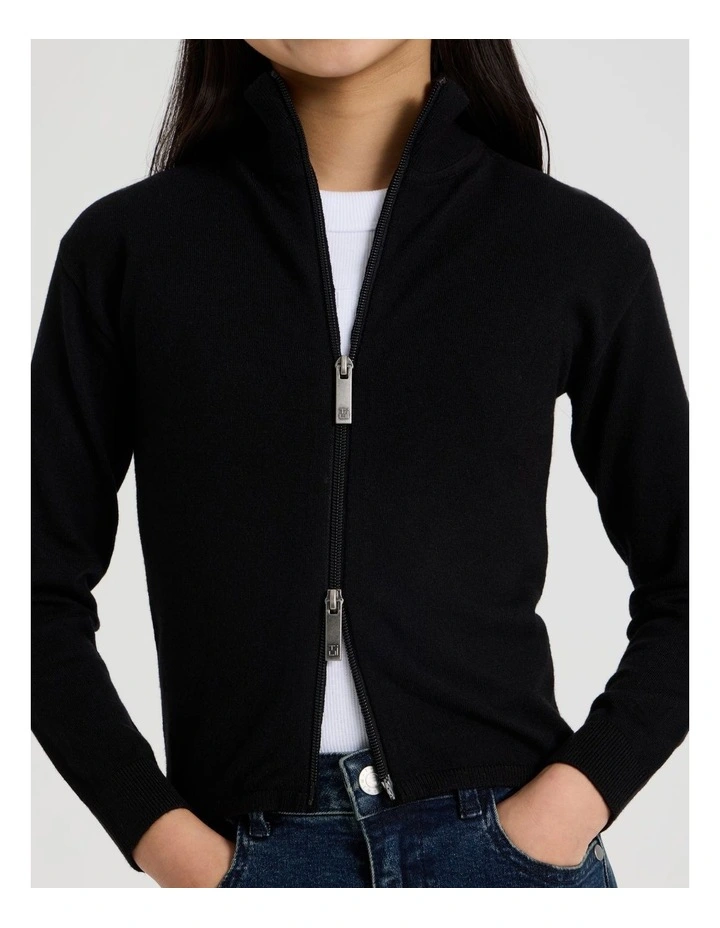 Knitted Zip Thru Cardigan in Black image 3