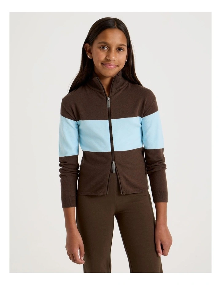 Knitted Zip Thru Cardigan in Brown image 3