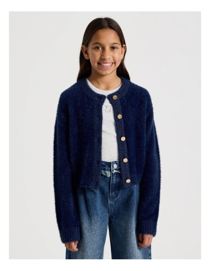 Knitted Fluffy Cardigan in Navy image 3