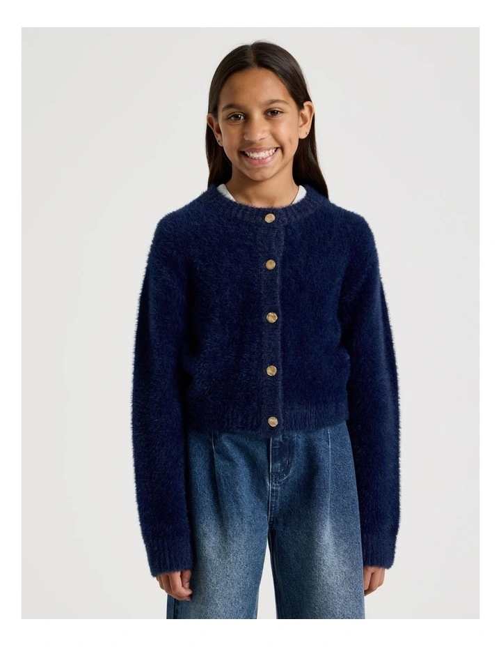 Knitted Fluffy Cardigan in Navy image 4