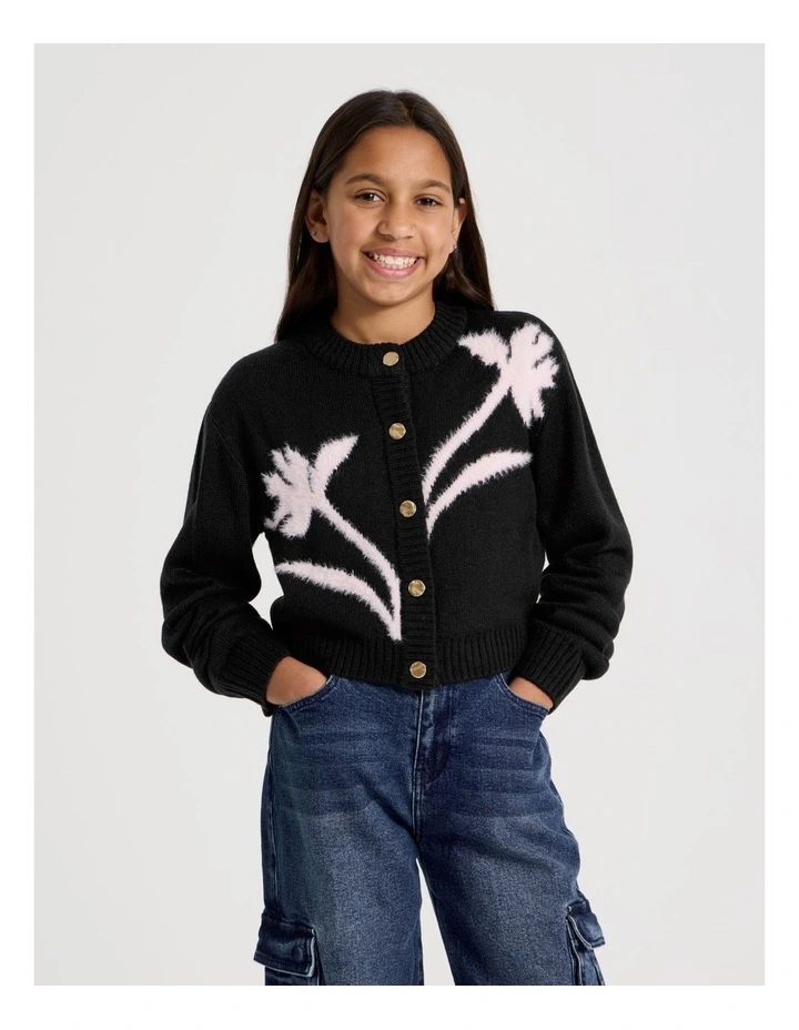 Knitted Fluffy Cardigan with Flower Detail in Black image 1