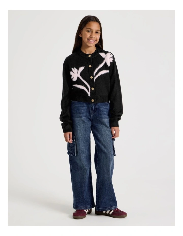 Knitted Fluffy Cardigan with Flower Detail in Black image 2