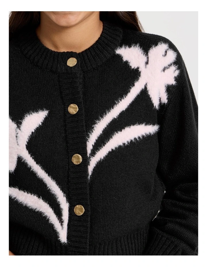 Knitted Fluffy Cardigan with Flower Detail in Black image 3