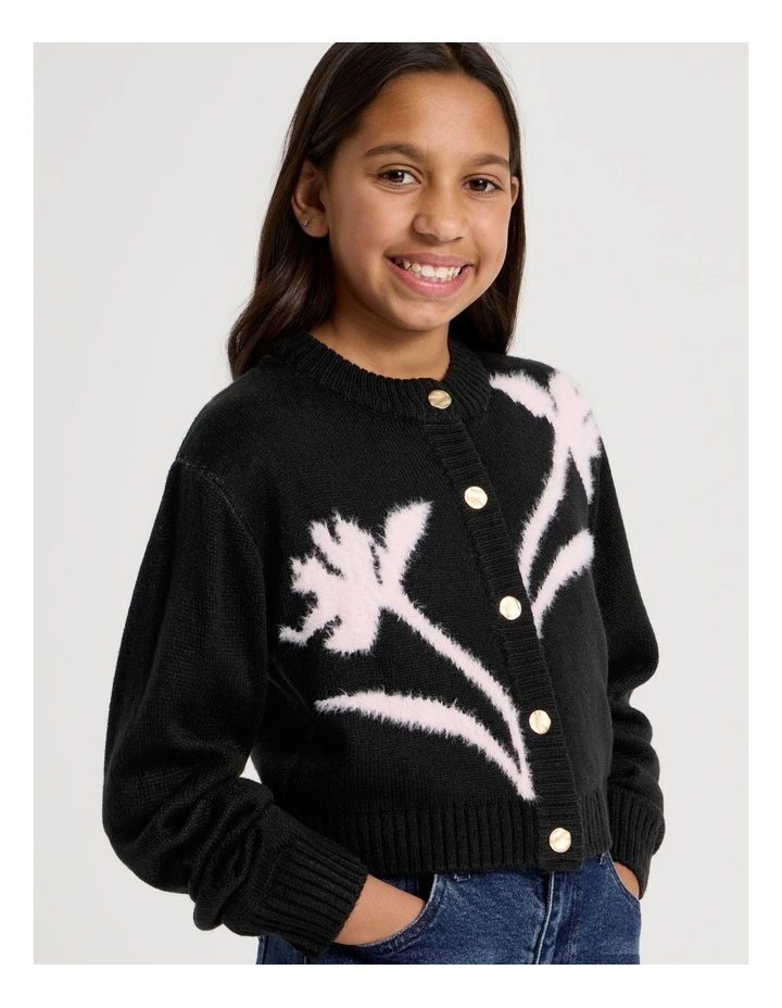 Knitted Fluffy Cardigan with Flower Detail in Black image 4