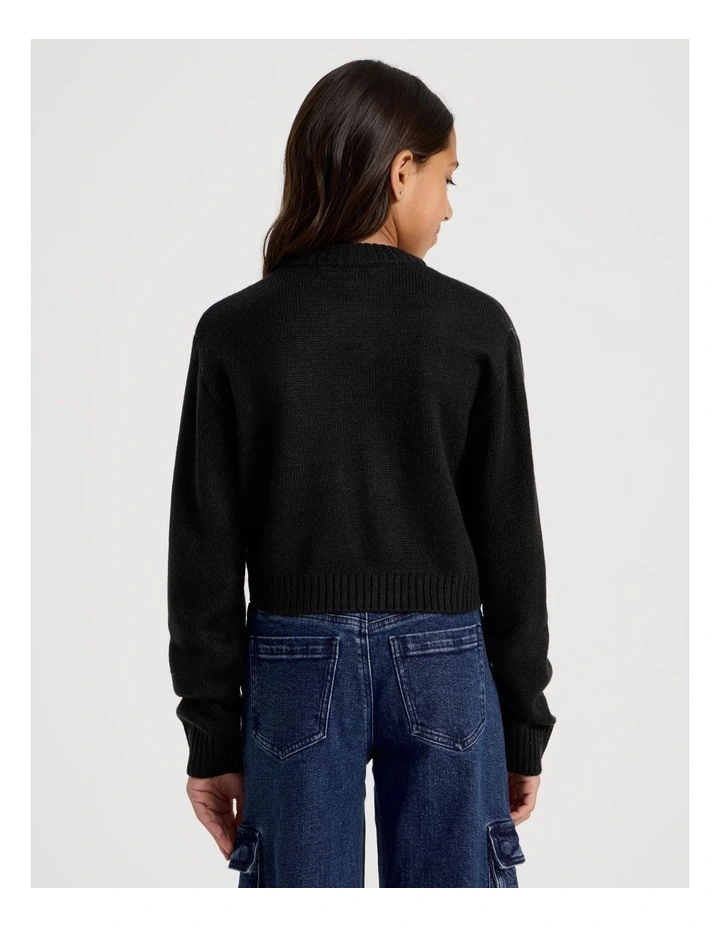 Knitted Fluffy Cardigan with Flower Detail in Black image 5