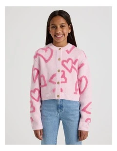 Knitted Fluffy Heart Cardigan in Pink