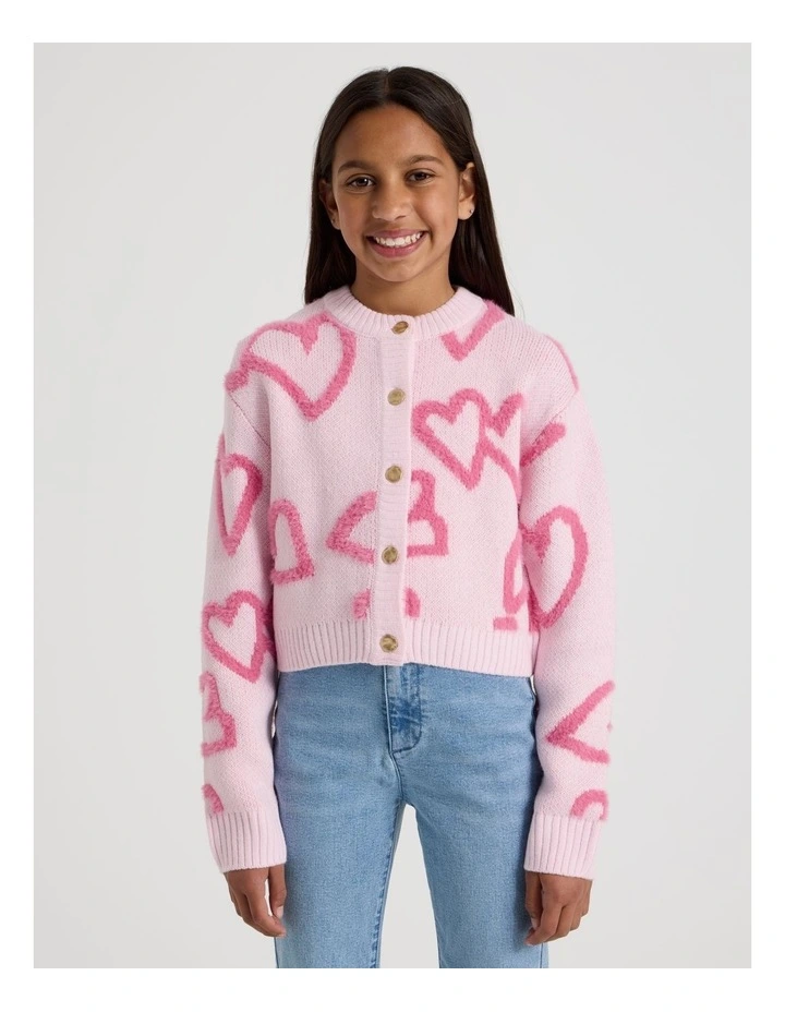 Knitted Fluffy Heart Cardigan in Pink image 1