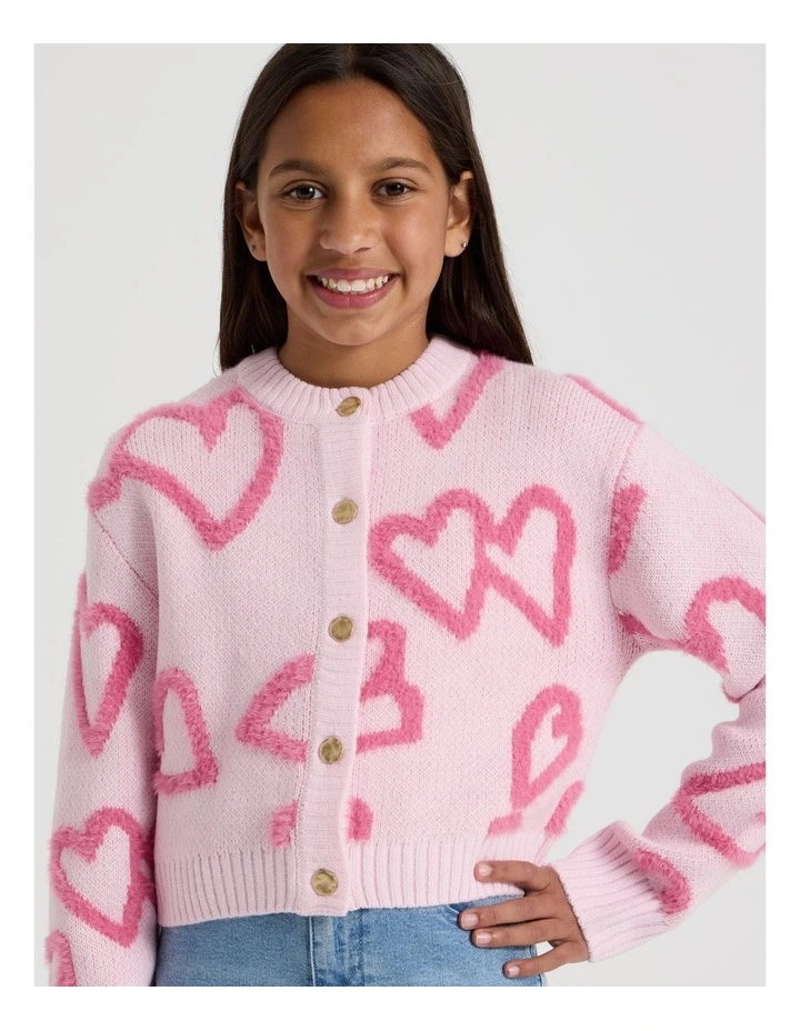 Knitted Fluffy Heart Cardigan in Pink image 2