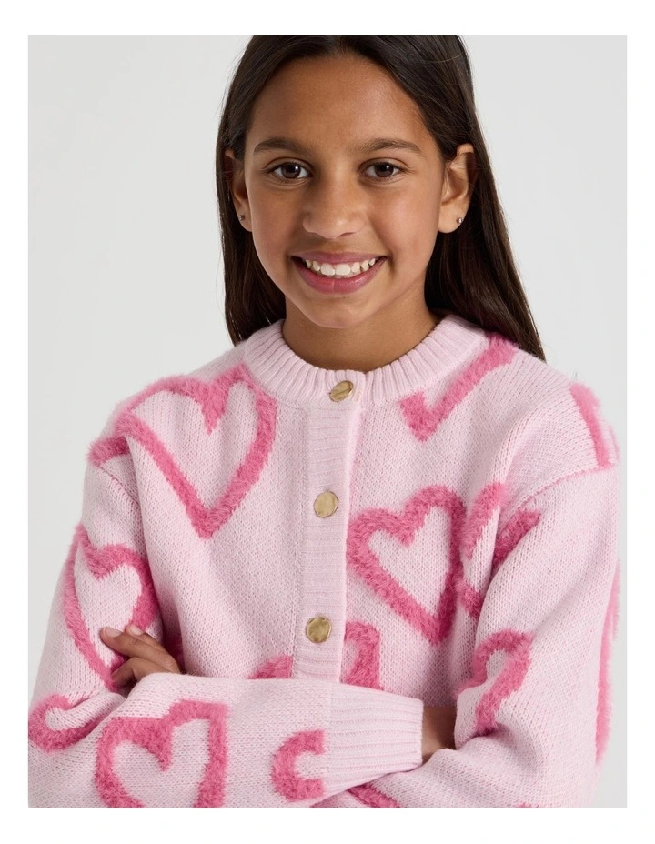 Knitted Fluffy Heart Cardigan in Pink image 3