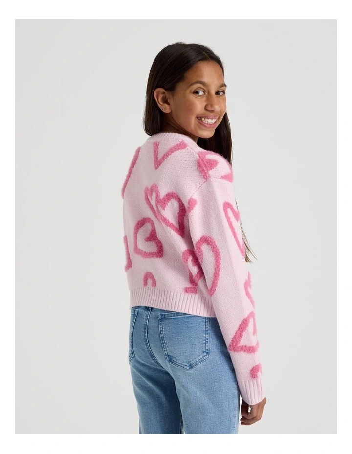 Knitted Fluffy Heart Cardigan in Pink image 5