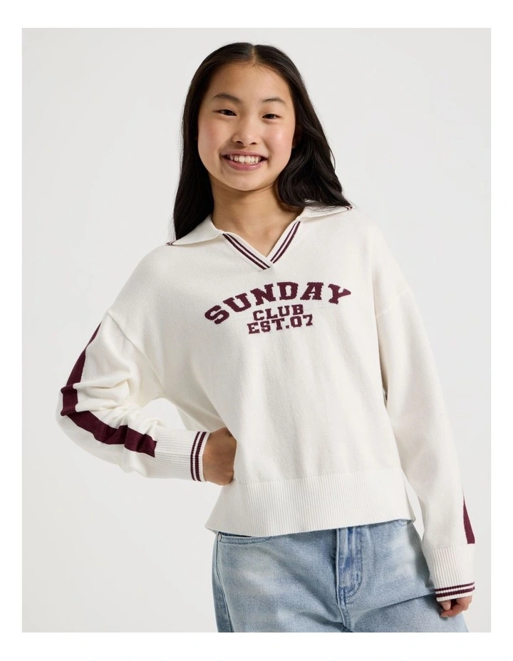 Sunday Club Knitted Polo Jumper in White image 2