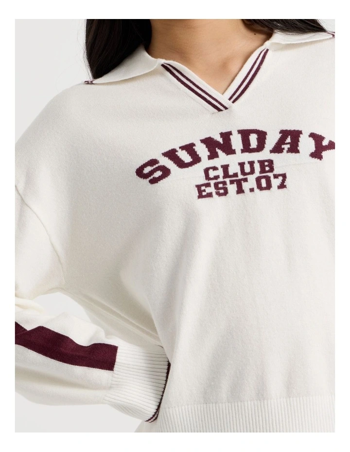 Sunday Club Knitted Polo Jumper in White image 4