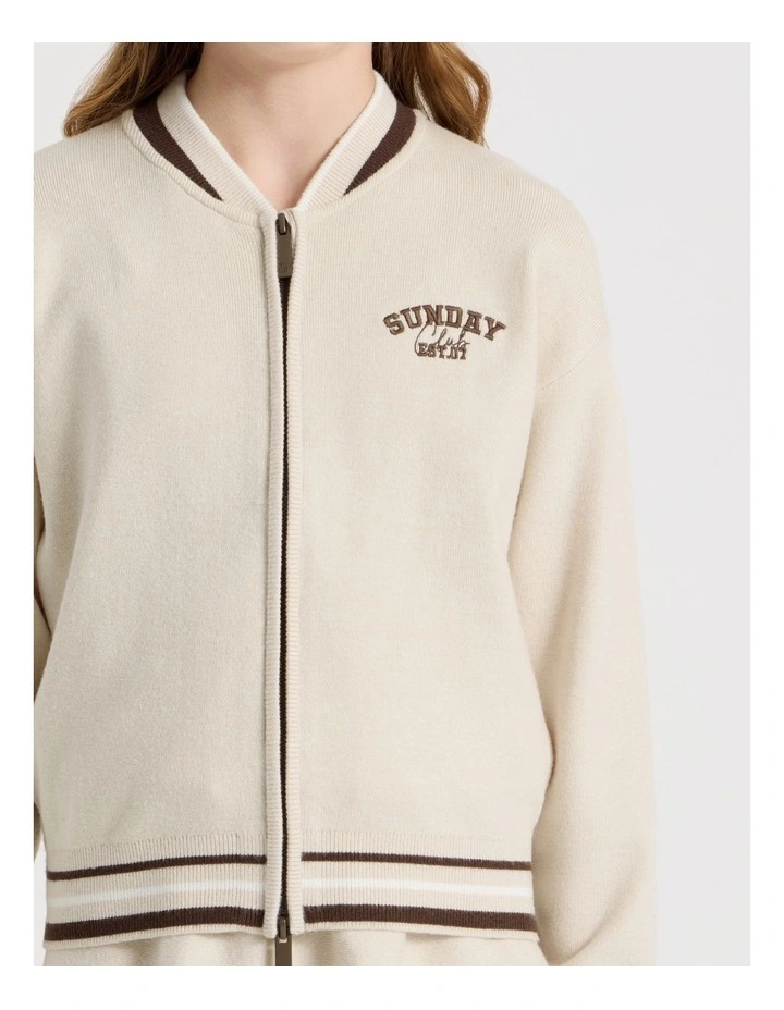 Knitted Bomber Jacket in Oat Marle image 3