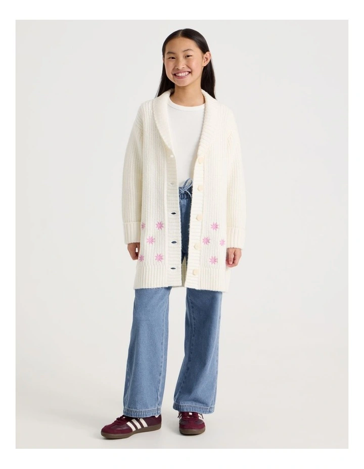 Longline Cardigan with Fur Collar in White image 1