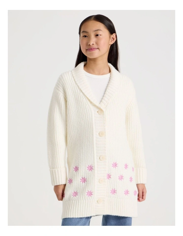 Longline Cardigan with Fur Collar in White image 2