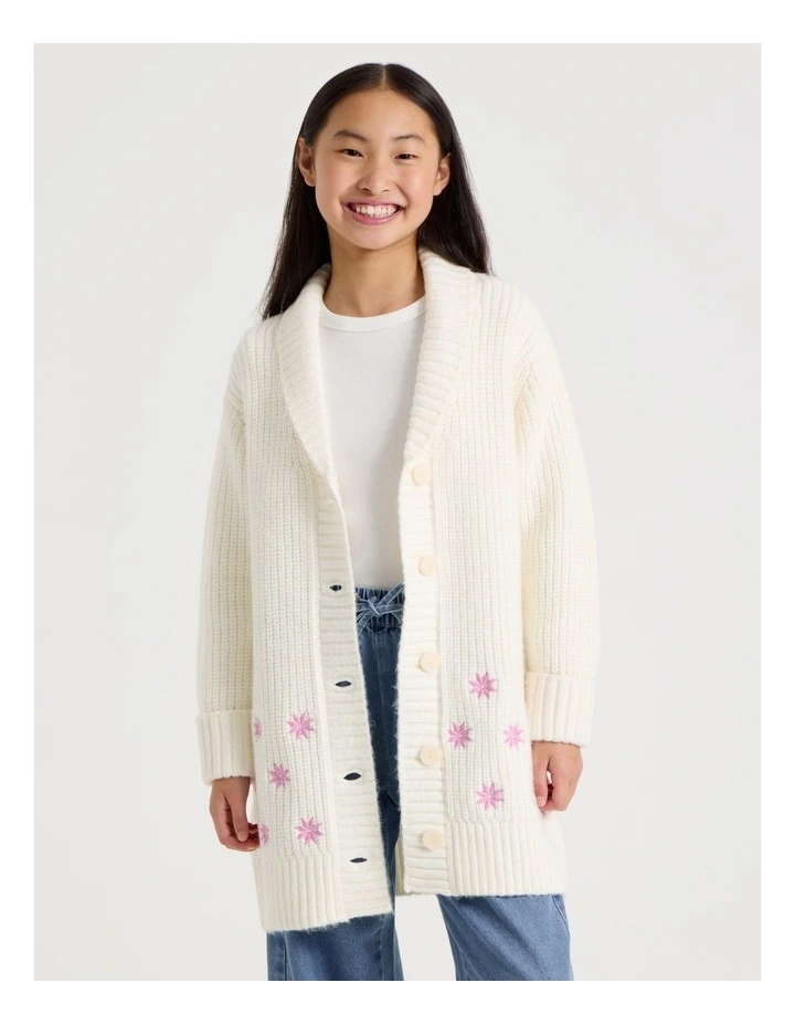 Longline Cardigan with Fur Collar in White image 3