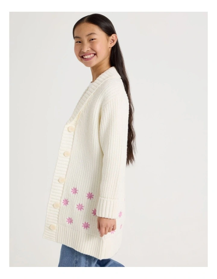Longline Cardigan with Fur Collar in White image 4