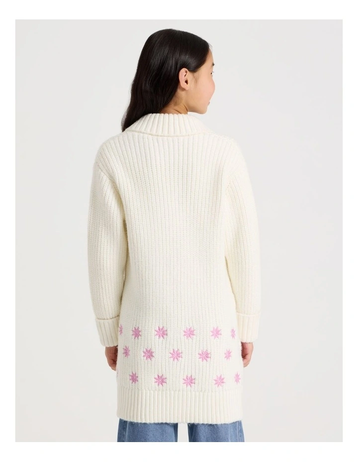 Longline Cardigan with Fur Collar in White image 6