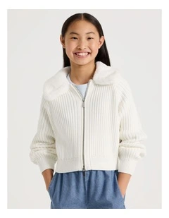 Zip Thru Cardigan with Fur Collar in White
