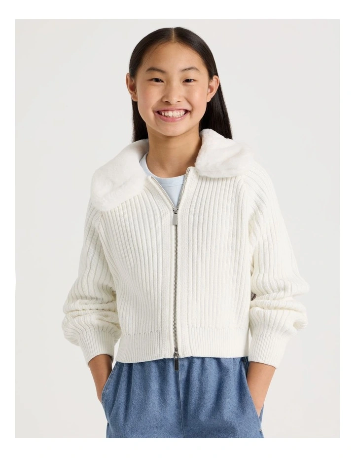 Zip Thru Cardigan with Fur Collar in White image 1