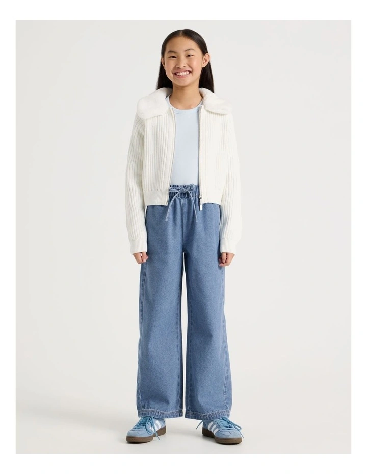 Zip Thru Cardigan with Fur Collar in White image 2