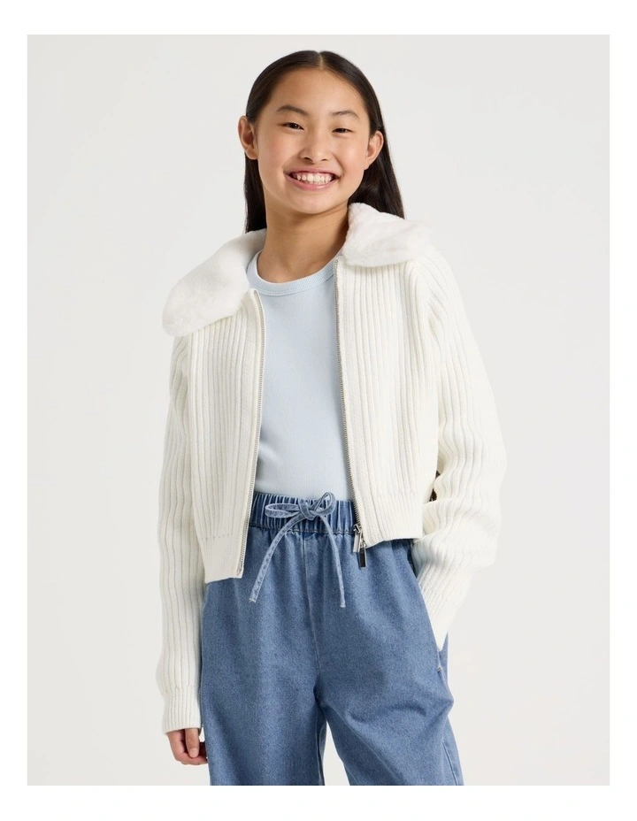 Zip Thru Cardigan with Fur Collar in White image 3