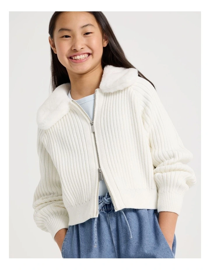 Zip Thru Cardigan with Fur Collar in White image 4