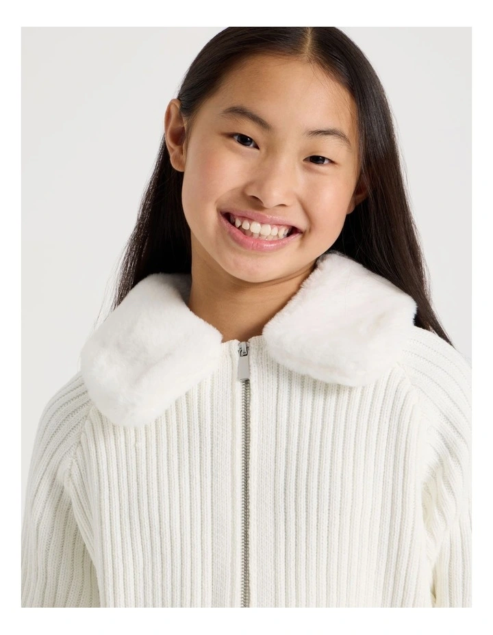 Zip Thru Cardigan with Fur Collar in White image 5