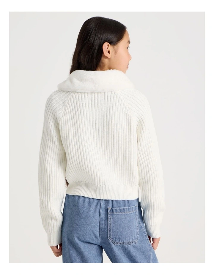 Zip Thru Cardigan with Fur Collar in White image 6