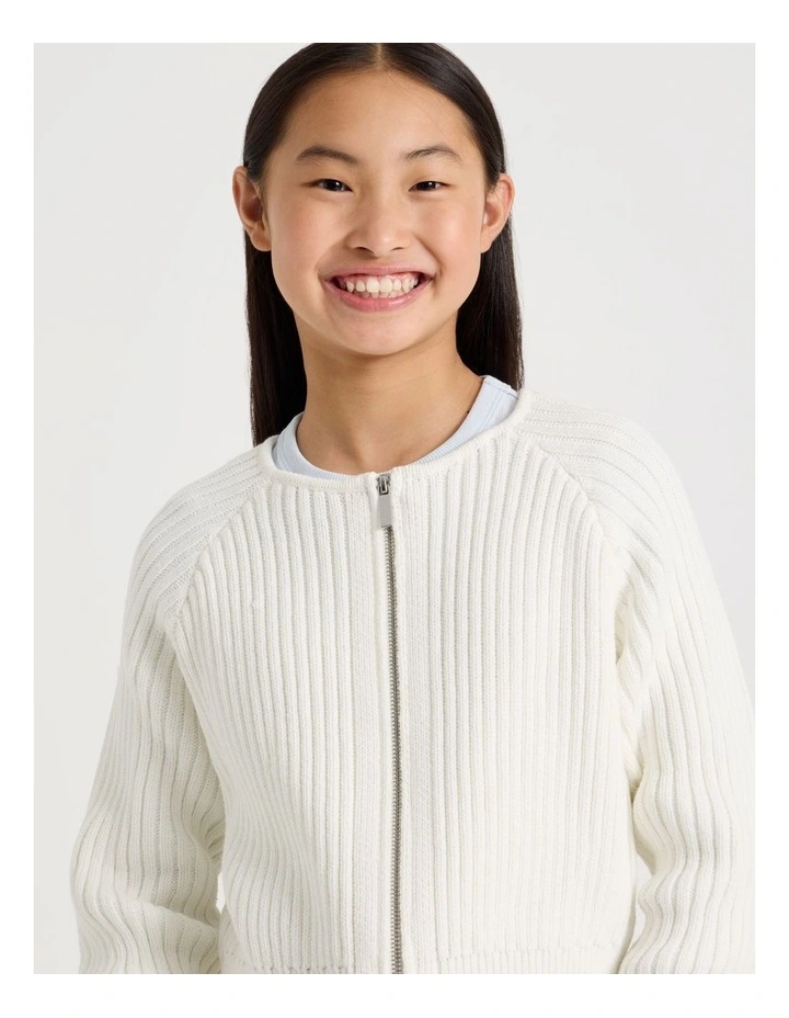 Zip Thru Cardigan with Fur Collar in White image 6