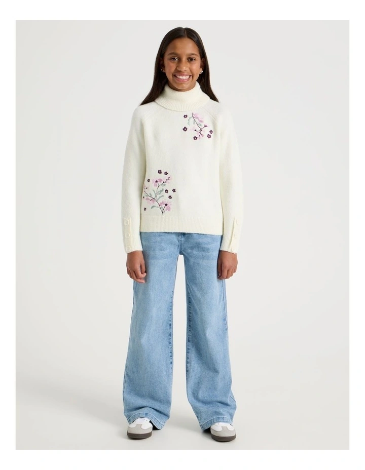 Knitted Jumper with Embroidery in White image 1