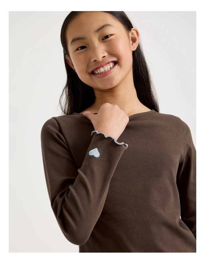 Rib Top With Heart Embroidery in Brown image 1