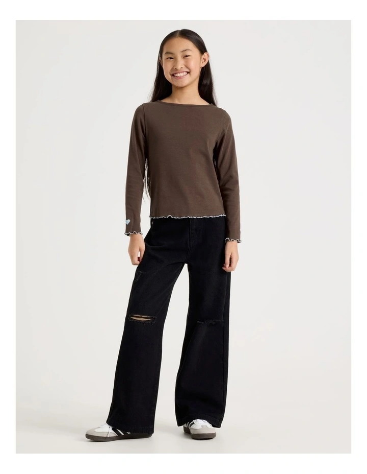 Rib Top With Heart Embroidery in Brown image 2