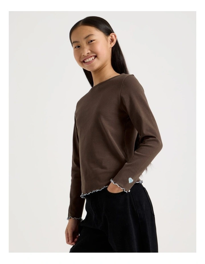 Rib Top With Heart Embroidery in Brown image 3